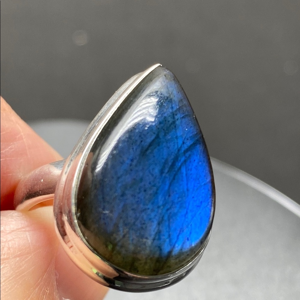 Blue Fire Labradorite Ring Size 9 in Solid Sterling Silver 925
